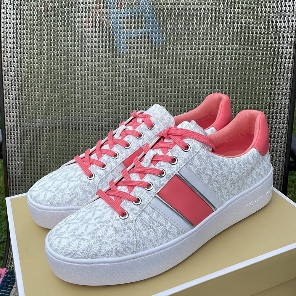 Michael Kors Poppy stripe lace up sneaker shoes bright white grapefruit color - Picture 13 of 14